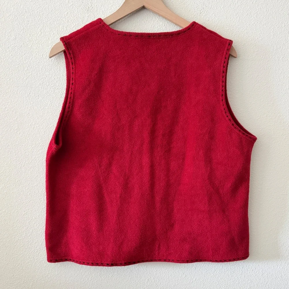 CAROLYN TAYLOR Womens Embroidered Fleece Vest Cottagecore Festive Holiday Size L